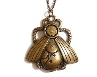 Victorian Gothic necklace Steampunk brass MECHANICAL BEETLE necklace antique