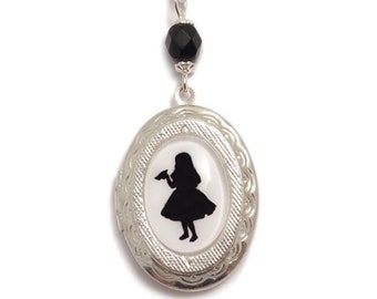 Victorian locket cameo silhouette silver necklace - Alice in Wonderland DRINK ME - Steampunk goth