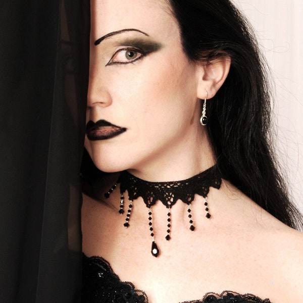 Victorian Gothic Lace Choker necklace - Jet black Swarovski crystal cascade - Steampunk Nightfall