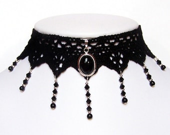 Victorian gothic Black Onyx gemstone lace choker necklace - Swarovski crystal wedding ANGELIQUE