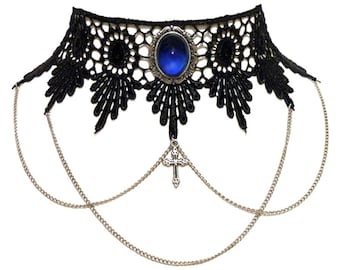 Victorian Sapphire blue choker necklace - Pendant, chains & cross Steampunk wedding choker - SINISTRA