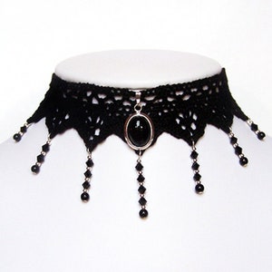 Victorian gothic Black Onyx gemstone lace choker necklace - Swarovski crystal wedding ANGELIQUE