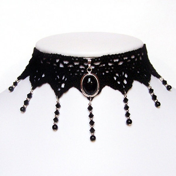 Victorian gothic Black Onyx gemstone lace choker necklace - Swarovski crystal wedding ANGELIQUE