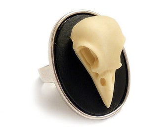 Gothic silver ring Raven bird skull ring, adjustable unisex ring resin taxidermy steampunk goth gothic