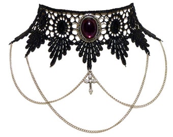 Victorian steampunk gothic choker necklace - Amethyst purple lace choker, chains & cross - goth wedding LUCRETIA