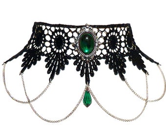 Victorian gothic choker lace necklace - Emerald green Swarovski crystal & draped chains - Steampunk wedding - SINISTRA