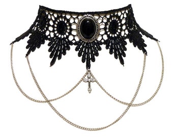 Victorian gothic Black Onyx gemstone lace choker necklace - goth wedding steampunk LUCRETIA