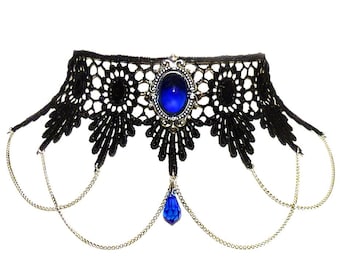 Victorian gothic choker necklace - Sapphire blue Swarovski crystal & draped chains - Steampunk wedding - SINISTRA