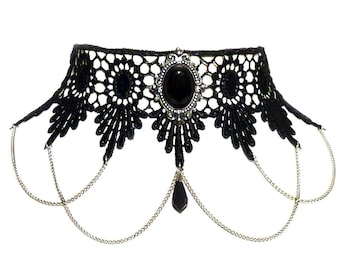 Black Onyx Lace Choker – Victorian Gothic Swarovski Crystal Chains