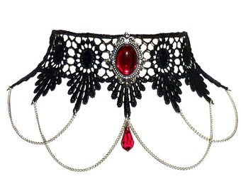 Victorian Gothic Ruby red choker necklace - Swarovski crystal Steampunk wedding choker - SINISTRA