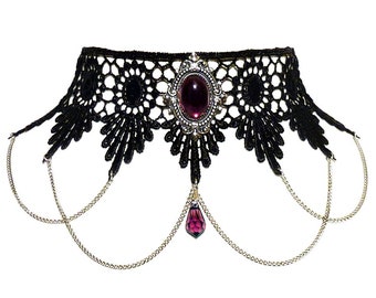 Victorian gothic choker necklace - Amethyst purple Swarovski crystal, lace & draped chains - Steampunk wedding - SINISTRA