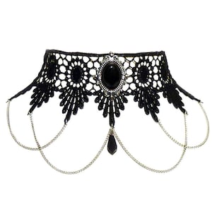 Victorian gothic choker necklace - Black Onyx gemstone Swarovski crystal, lace & draped chains - Steampunk wedding - SINISTRA