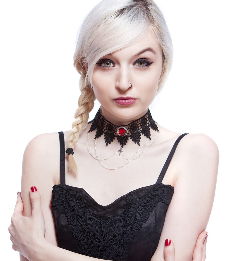 Victorian Steampunk Gothic Choker Necklace Ruby Red Lace Etsy UK