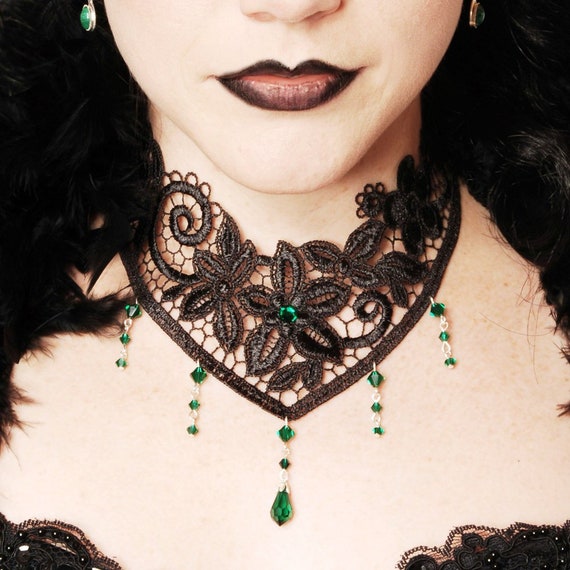 Victorian Gothic Choker Necklace Emerald Green Swarovski Crystal, Lace &  Drop Steampunk Wedding NOCTURNE - Etsy