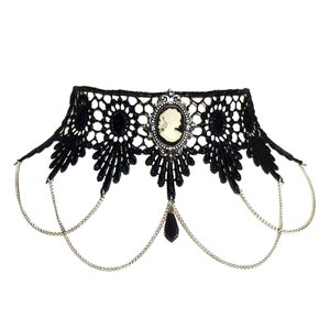 Victorian cameo necklace gothic choker - Black Swarovski crystal lace & draped chains - Steampunk wedding SINISTRA
