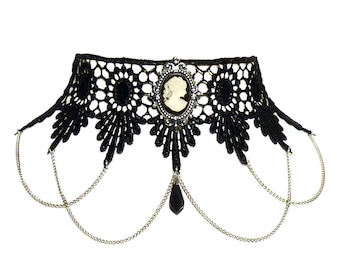 Victorian cameo necklace gothic choker - Black Swarovski crystal lace & draped chains - Steampunk wedding SINISTRA