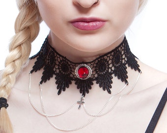 Victorian steampunk gothic choker necklace - Ruby red lace choker, chains & cross - goth wedding LUCRETIA