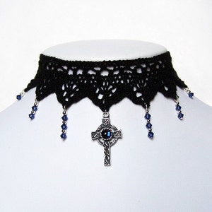 Victorian gothic choker necklace - Sapphire blue Swarovski crystal & celtic cross - Steampunk wedding - IMMORTAL