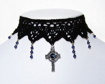 Victorian gothic choker necklace - Sapphire blue Swarovski crystal & celtic cross - Steampunk wedding - IMMORTAL