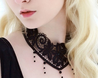 Gothic choker necklace - Jet black Swarovski crystal & ornate lace - Victorian goth wedding NOCTURNE