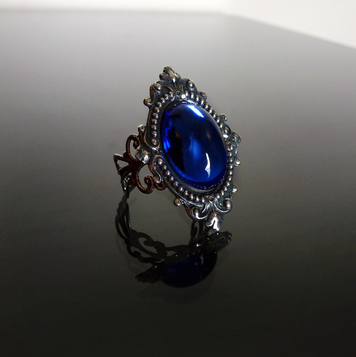Victorian gothic ring Sapphire blue ornate filigree silver | Etsy