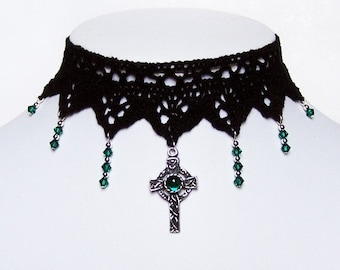 Gothic lace choker Emerald green Celtic cross & Swarovski crystal, goth steampunk wedding - IMMORTAL