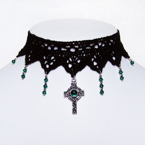 Gothic lace choker Emerald green Celtic cross & Swarovski crystal, goth steampunk wedding - IMMORTAL