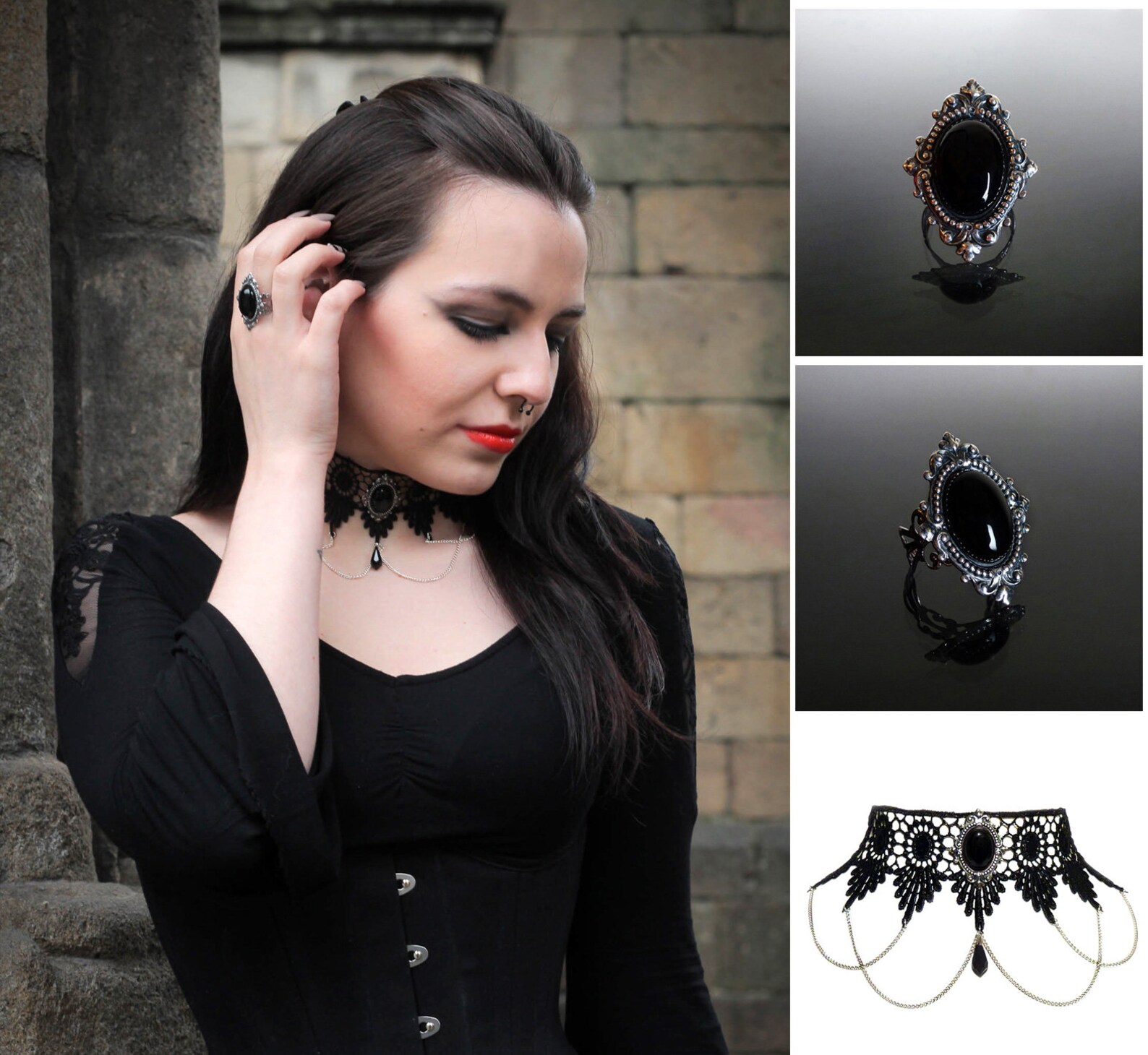 Victorian Gothic Ring Black Onyx Gemstone Ornate Filigree Etsy Canada