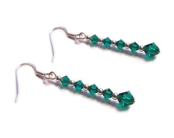 Sterling silver earrings Emerald green Swarovski crystal - gothic Victorian elegant drop earrings