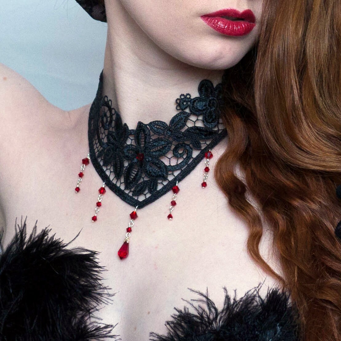 Ruby red gothic choker necklace lace draped chains steampunk wedding goth