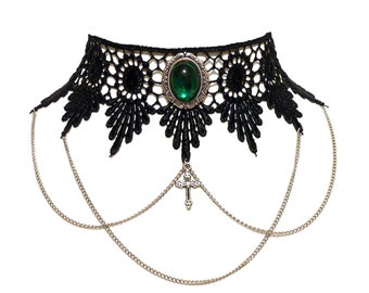 Victorian gothic choker necklace - Emerald green pendant, cross & draped chains - Steampunk wedding - LUCRETIA