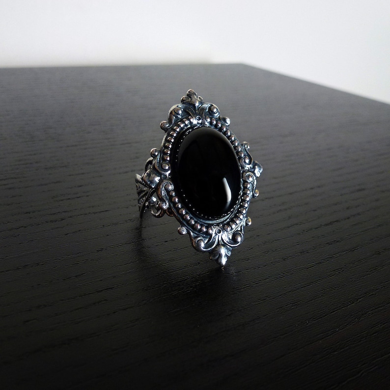 Victorian gothic ring Black Onyx gemstone ornate filigree steampunk ring adjustable ring SINISTRA image 7