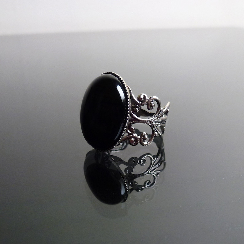 Victorian gothic ring Black Onyx gemstone, ornate filigree steampunk adjustable ring BELLA image 1