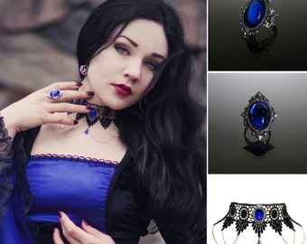Victorian gothic ring & choker necklace set - Sapphire blue silver filigree ring goth steampunk wedding - SINISTRA