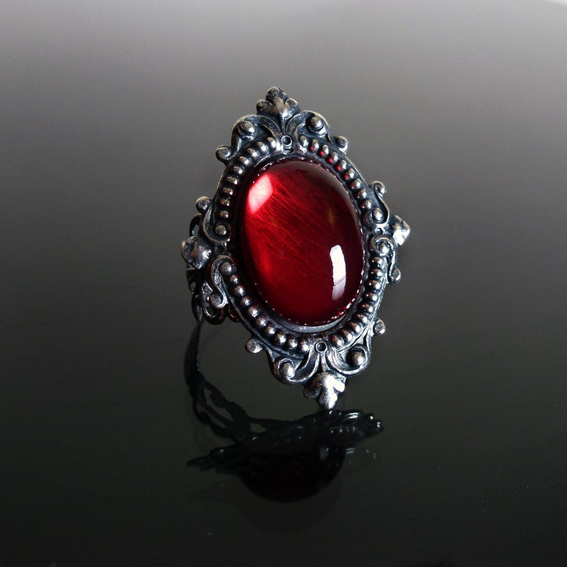 Victorian gothic ring Ruby red ornate silver filigree steampunk ring adjustable ring SINISTRA image 3