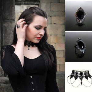 Victorian Black Onyx gemstone gothic filigree ring & lace choker necklace set - steampunk wedding SINISTRA