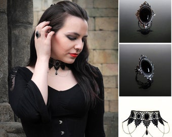 Victorian Black Onyx gemstone gothic filigree ring & lace choker necklace set - steampunk wedding SINISTRA