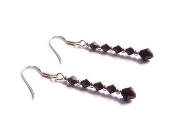 Victorian gothic Swarovski crystal Jet black earrings - Sterling silver earrings drop style