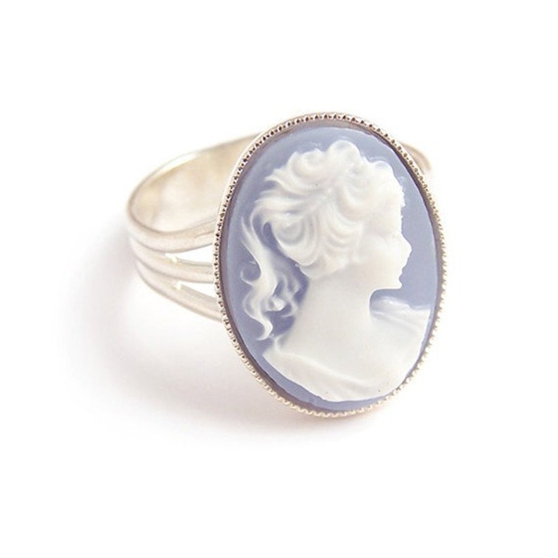 Victorian blue cameo ring Portrait of a lady Adjustable silver gothic steampunk ring image 2