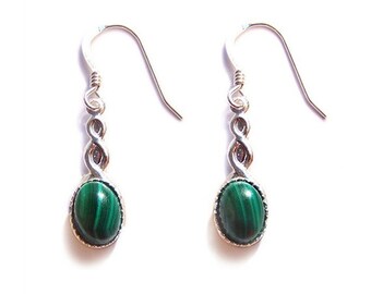 Sterling silver Celtic Malachite earrings - gemstone green cabochon with a Sterling silver ear hook