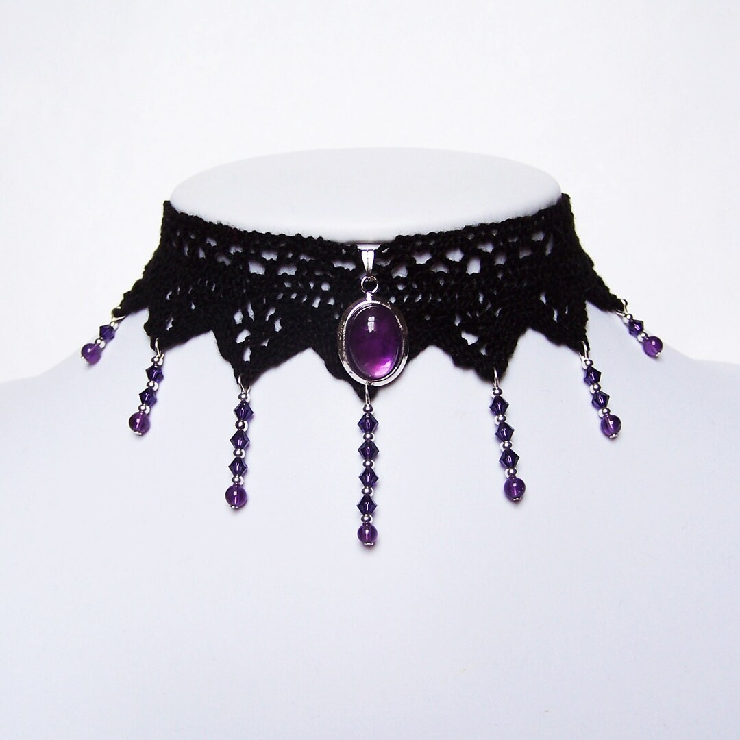 Victorian Gothic Choker Necklace - Amethyst Gemstone Lace & Purple ...