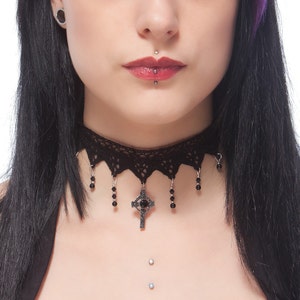 Black Onyx gemstone choker necklace Gothic lace & Celtic cross Jet Swarovski crystal, goth wedding - IMMORTAL