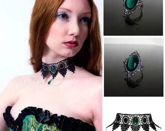 Emerald green Victorian gothic ring & choker necklace set -silver filigree ring and lace choker - goth steampunk wedding SINISTRA