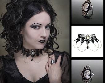 Victoriaanse gothic Cameo ring & choker ketting set - zilveren filigraan ring en lace choker - goth steampunk bruiloft SINISTRA