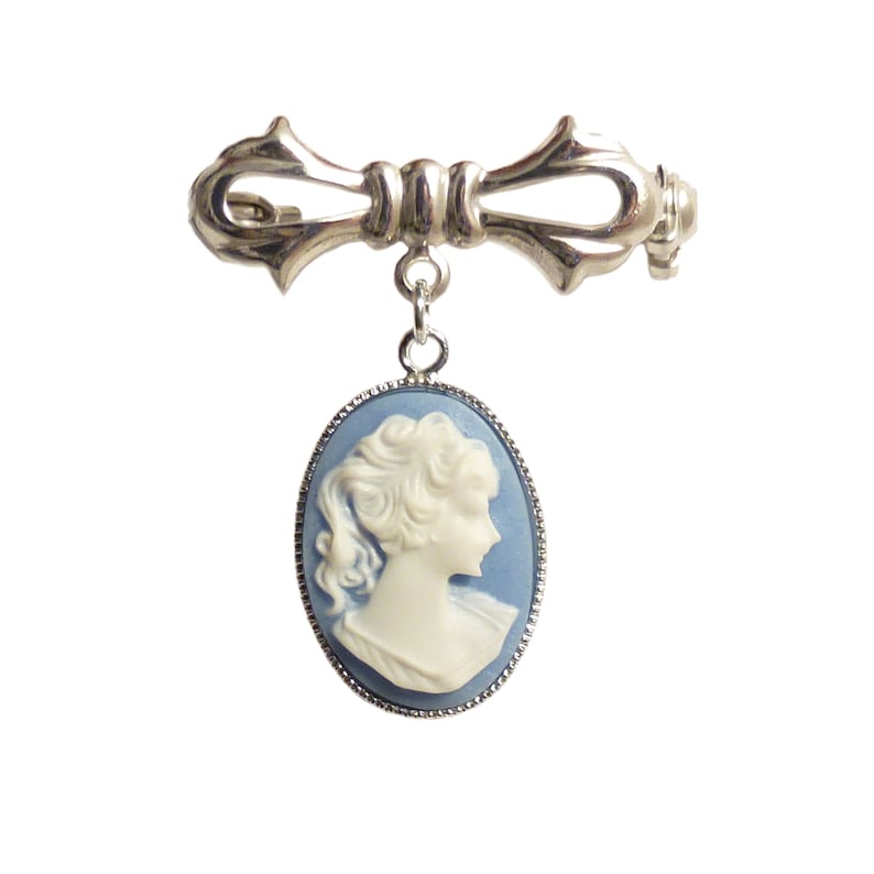 Victorian Gothic Blue Cameo Brooch Beautiful Portrait of a lady Steampunk goth silver image 1