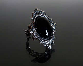 Victorian gothic ring - Black Onyx gemstone ornate filigree steampunk ring - adjustable ring SINISTRA