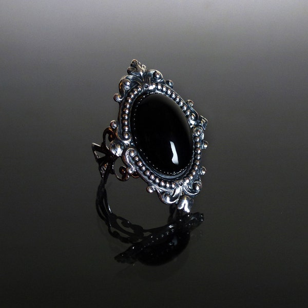 Victorian gothic ring - Black Onyx gemstone ornate filigree steampunk ring - adjustable ring SINISTRA