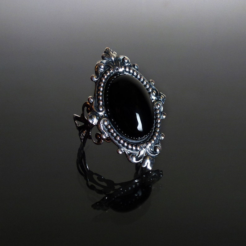 Victorian gothic ring Black Onyx gemstone ornate filigree steampunk ring adjustable ring SINISTRA image 1