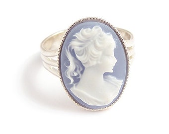 Victorian blue cameo ring - Portrait of a lady - Adjustable silver gothic steampunk ring