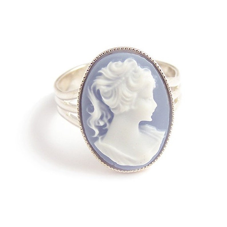 Victorian blue cameo ring Portrait of a lady Adjustable silver gothic steampunk ring image 1